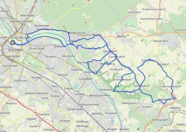 GPX Track einer kurzen bergigen Runde in Dresden auf einer Karte