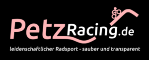 Logo PetzRacing Schriftzug mit Linie als Berg und Radfahrer darauf